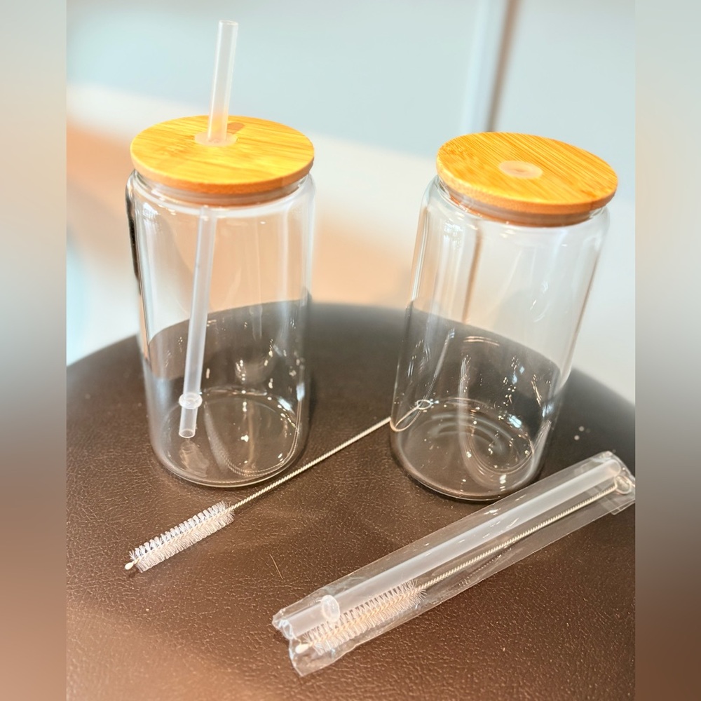 NWOT Glass Tumbler Set with Bamboo Lids and Straws